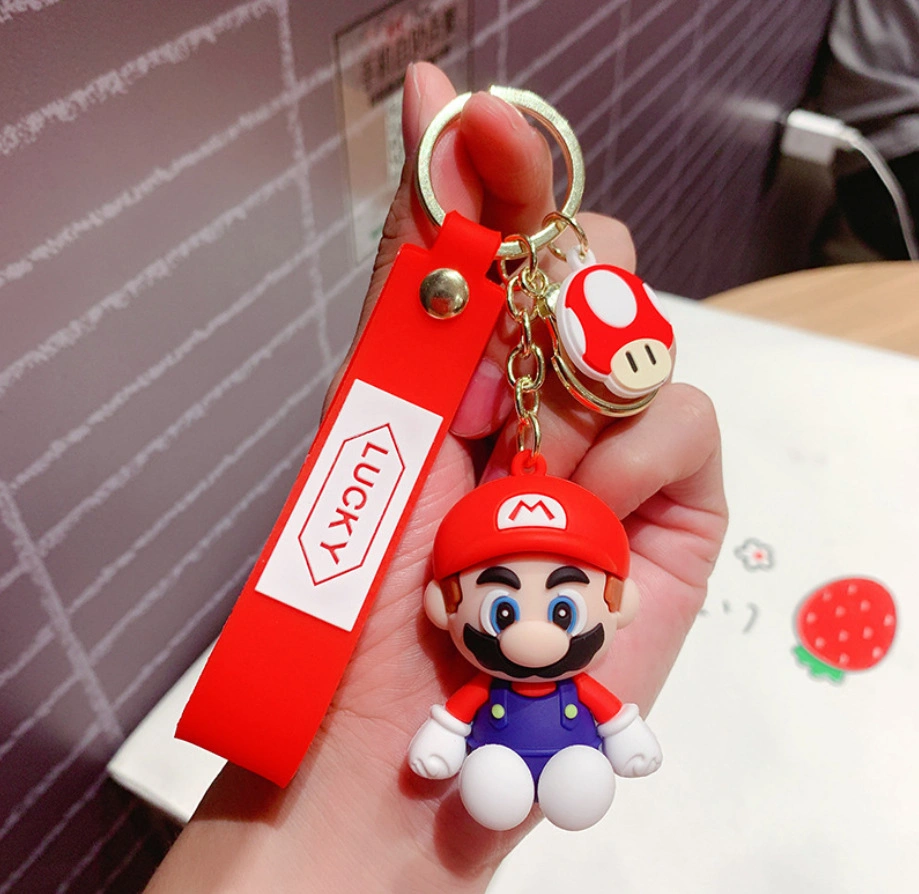 Fábrica al por mayor 3D Kawaii Japón ANIME personajes Juego de Chute Charm Super Mario Bro PVC Cartoon llavero para niñas Colgante Llavero