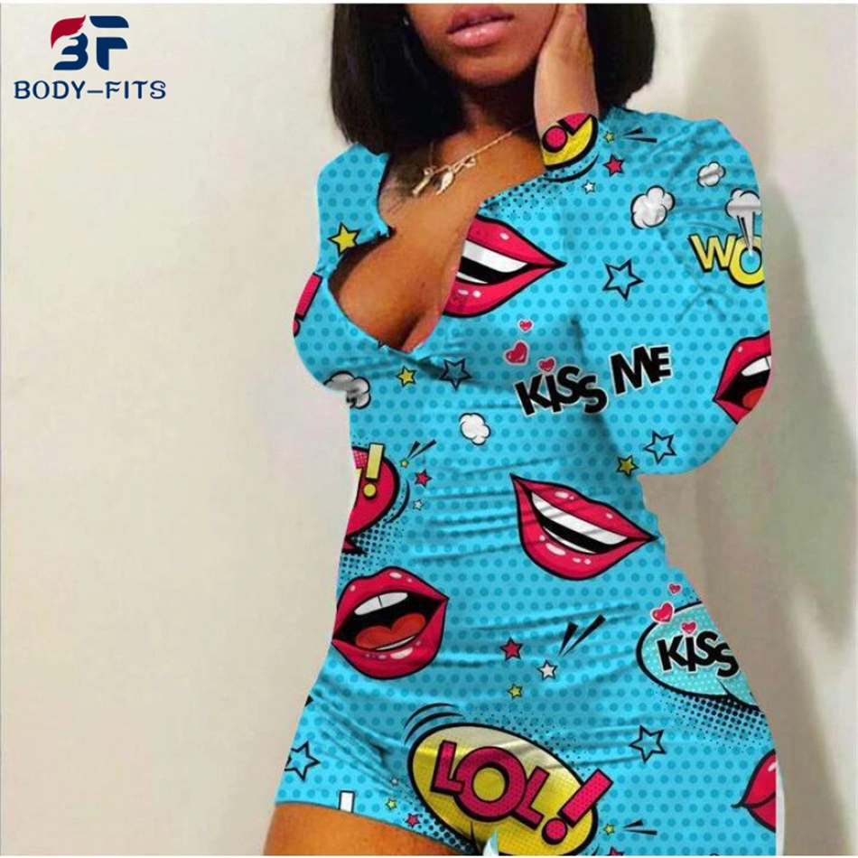 Women Lip Print Sexy Long Sleeve V Neck Short Onesie Pajamas