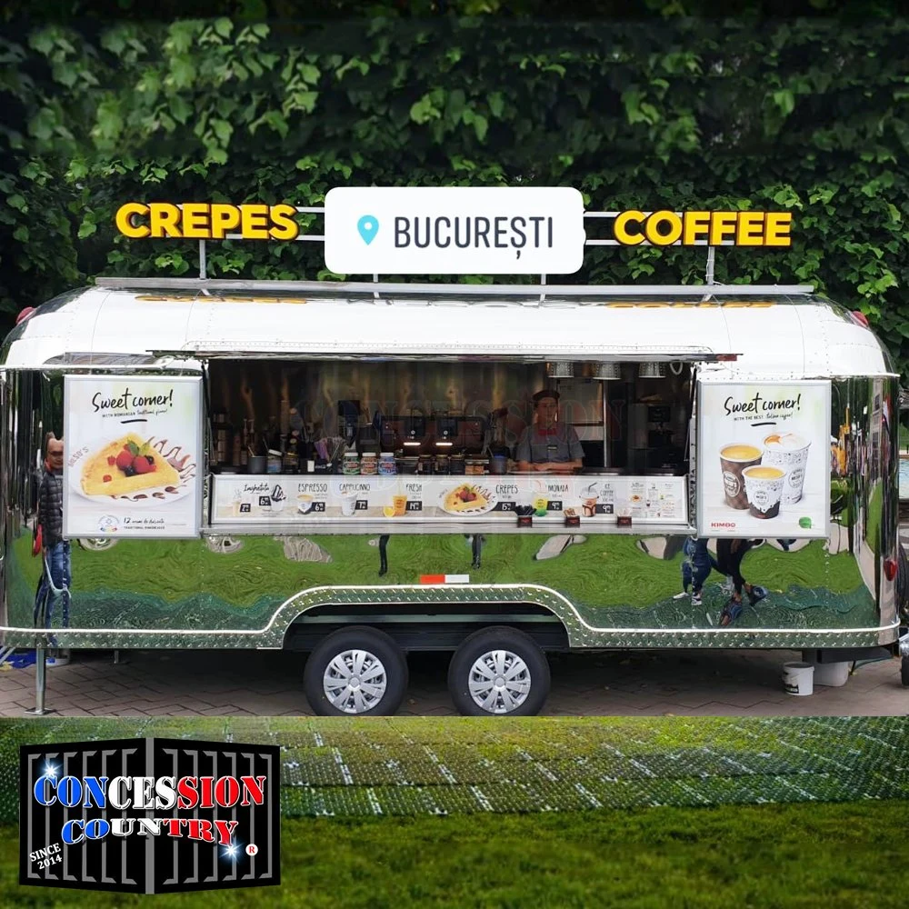 Europa Standard Acero inoxidable Airstream Food Truck Street Café Juice Camiones de Alimentos remolques de Alimentos móviles totalmente equipados