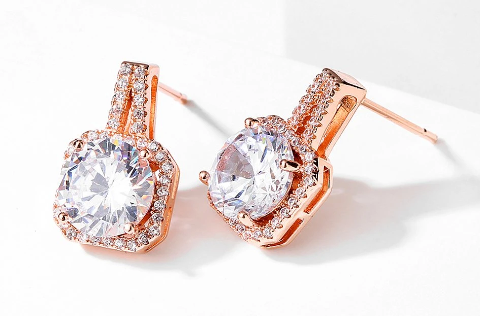 Rose Gold CZ Earring Stud. Bridal Wedding Earring for Brides