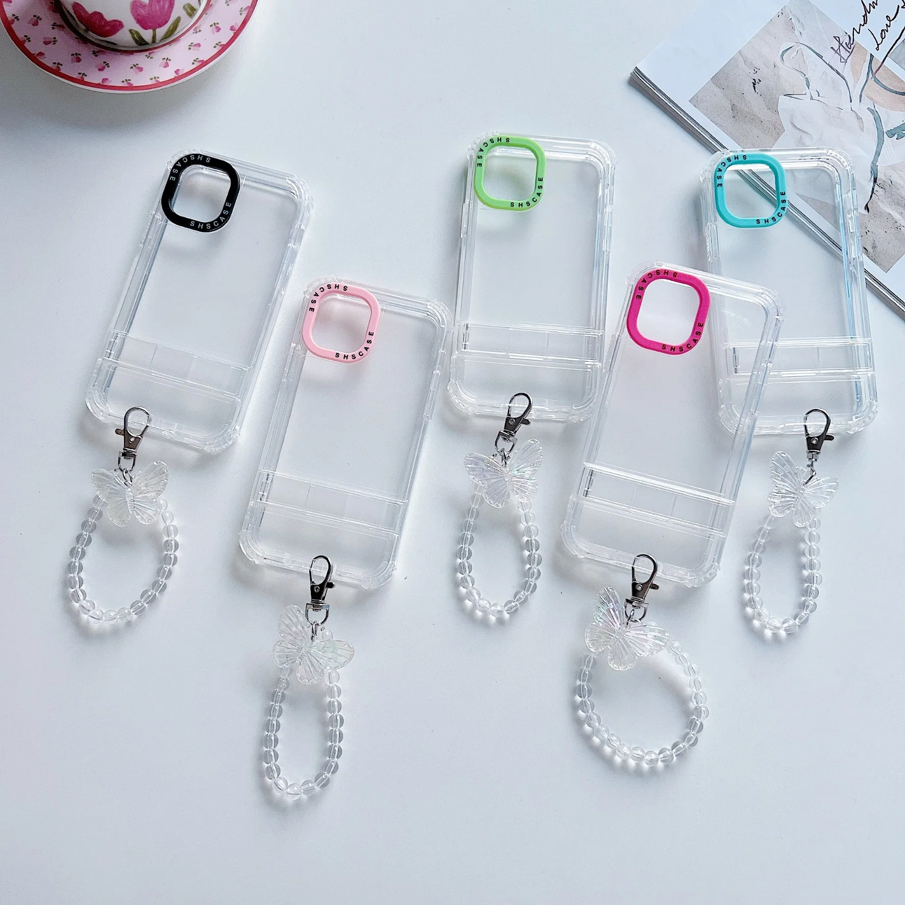 Colorful Camera Frame Clear Transparent Case for iPhone 15 with Butterfly Keychain