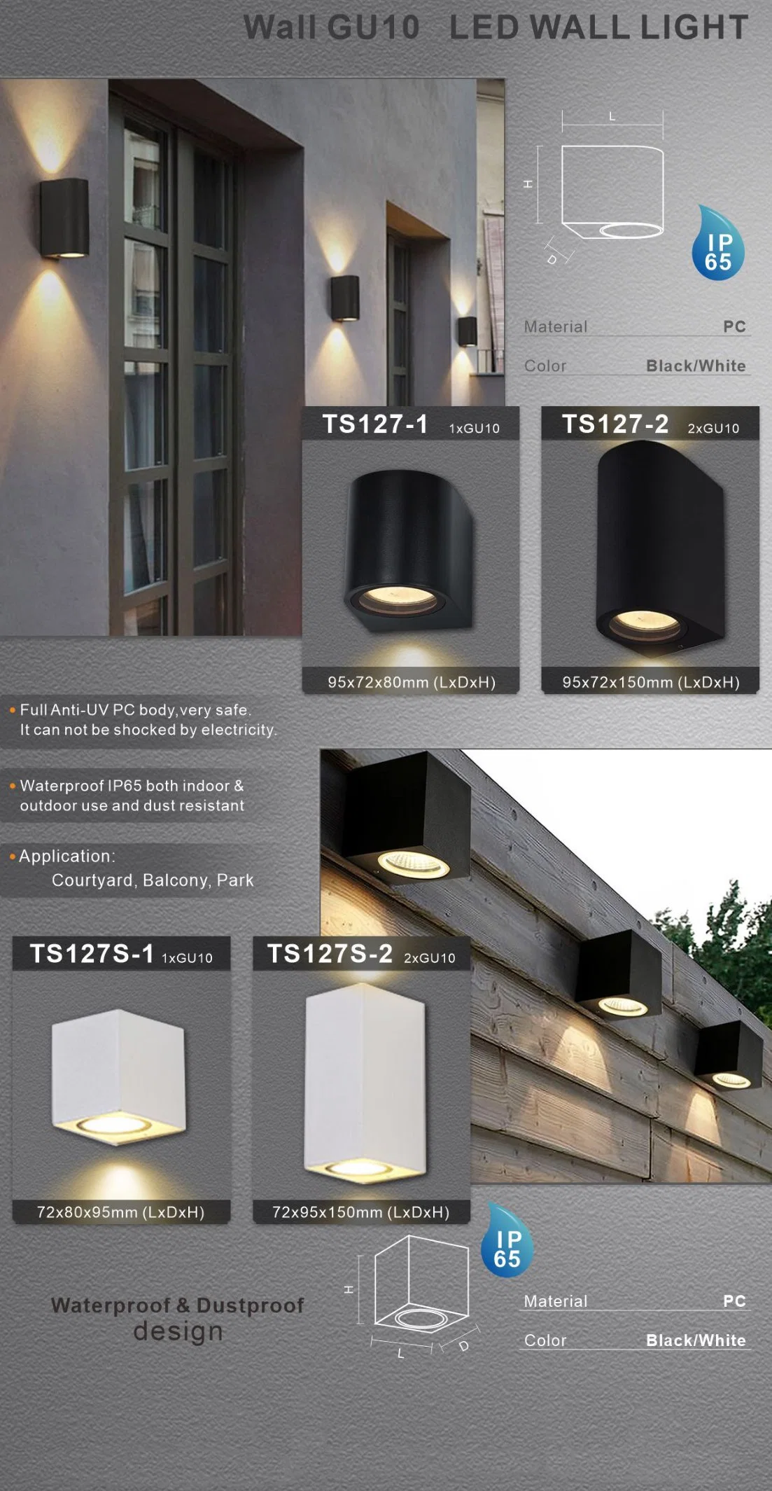 Square GU10*1 Spotlight Housing PC Material Good Waterproof IP65 Outdoor Lighting Fixture