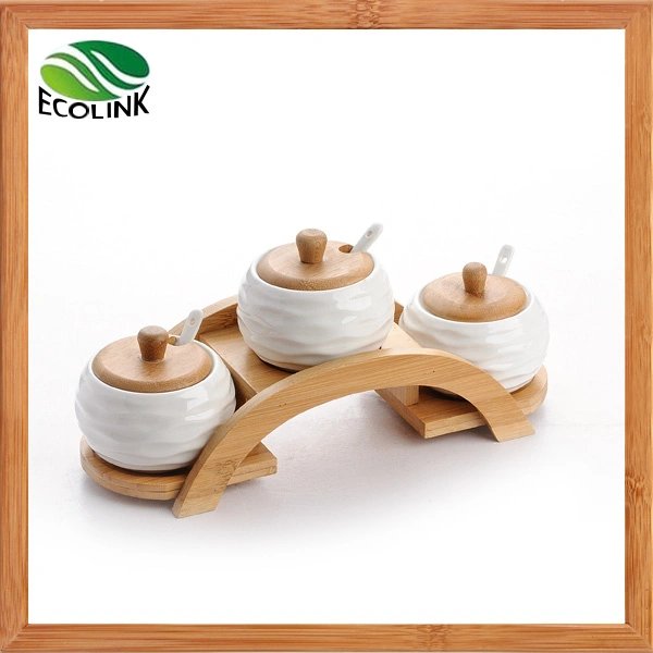 Ensemble de 3 pots à épices en forme de pont avec bambou Support