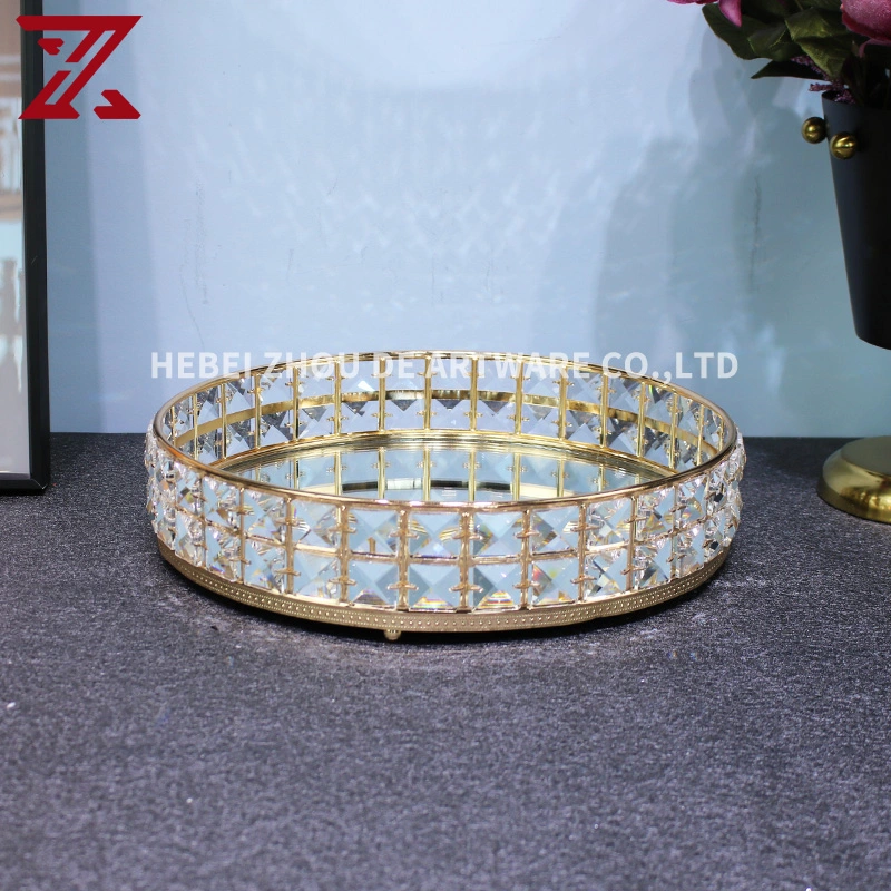 High quality/High cost performance Round Gold Glass Serving Trays Metal Electroplating Crystal Mirror Tray for Luxury Decorative