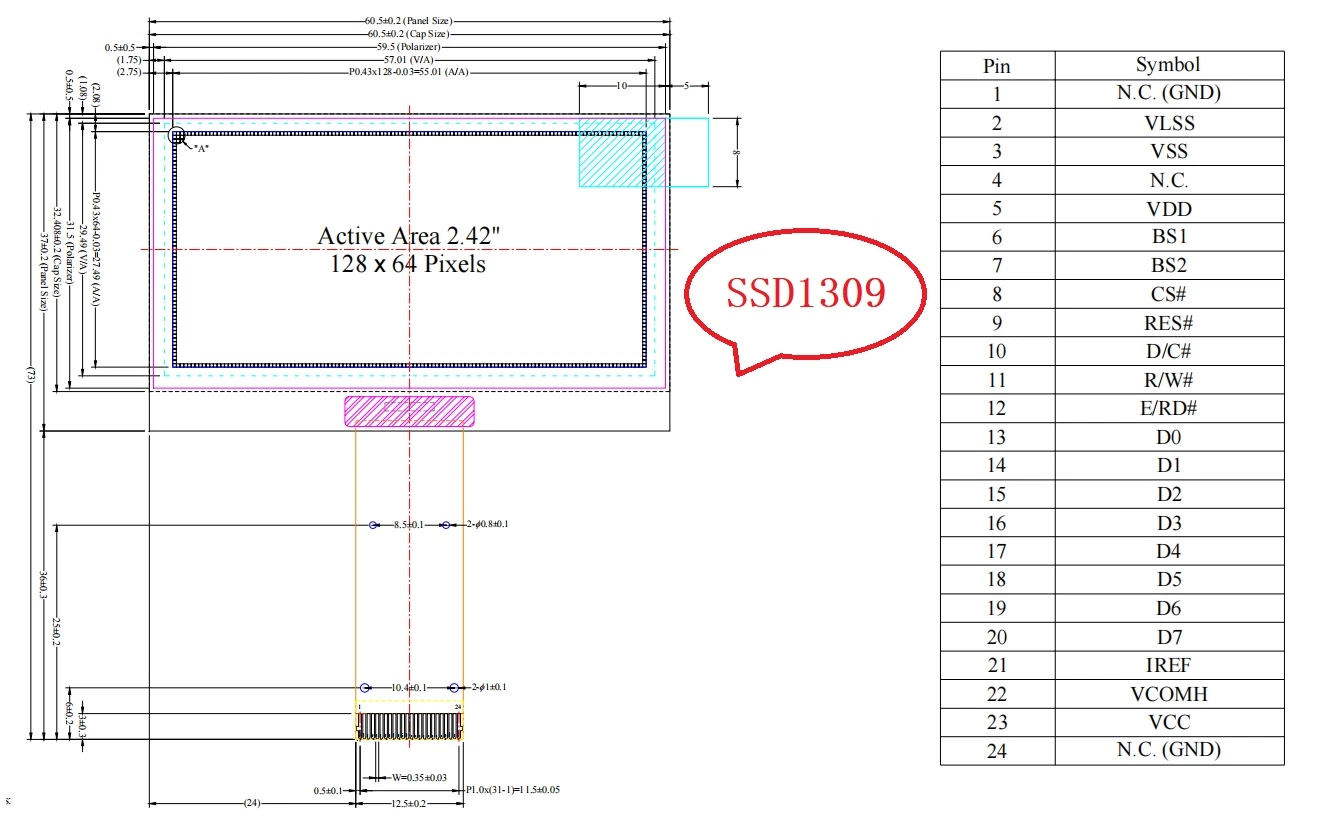 Podemos proporcionar pantalla OLED de 2,42 pulgadas personalizada con resolución 128X64 U otros