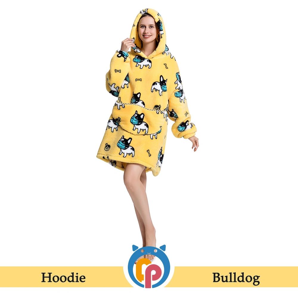 Skin-Friendly Bulldog Cartoon Pattern Artificial Wool Parent Wintertime Yellow Hoodies