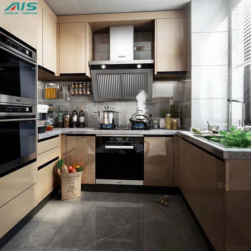 2023 AIS المطبخ الصيني تصاميم فاخرة نمط مخصص بناء في أثاث حجرة مطبخ ذات طلاء لامع عالي اللمعان مع أسطح المناضد