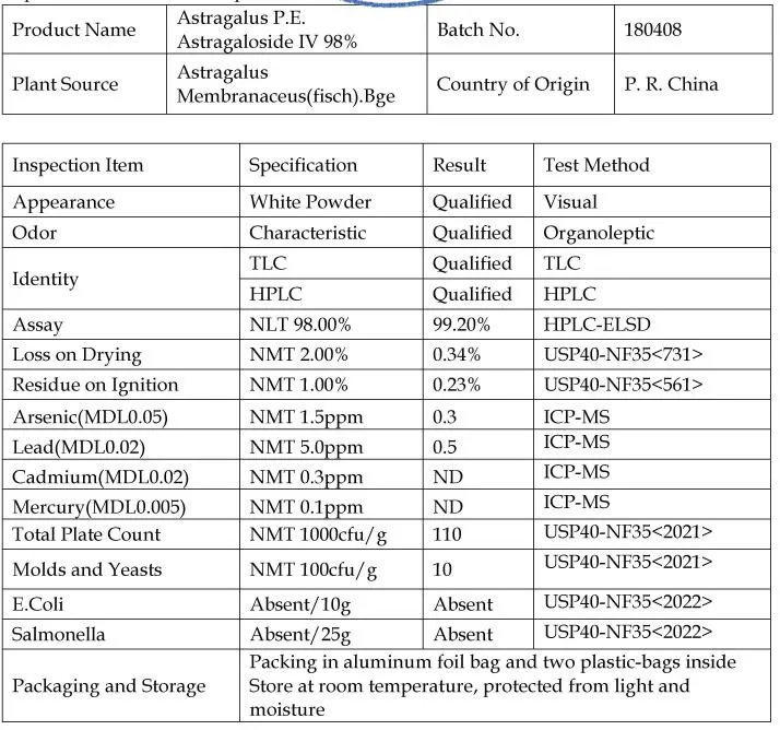 Extrato de Astragalus Cycloastragenol 98% Astragaloside IV