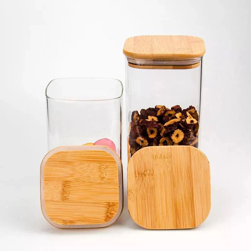 Clear Glass Food Storage Jars Containers with Airtight Bamboo Lid for Candy, Cookie, Rice, Sugar, Flour, Pasta, Nuts