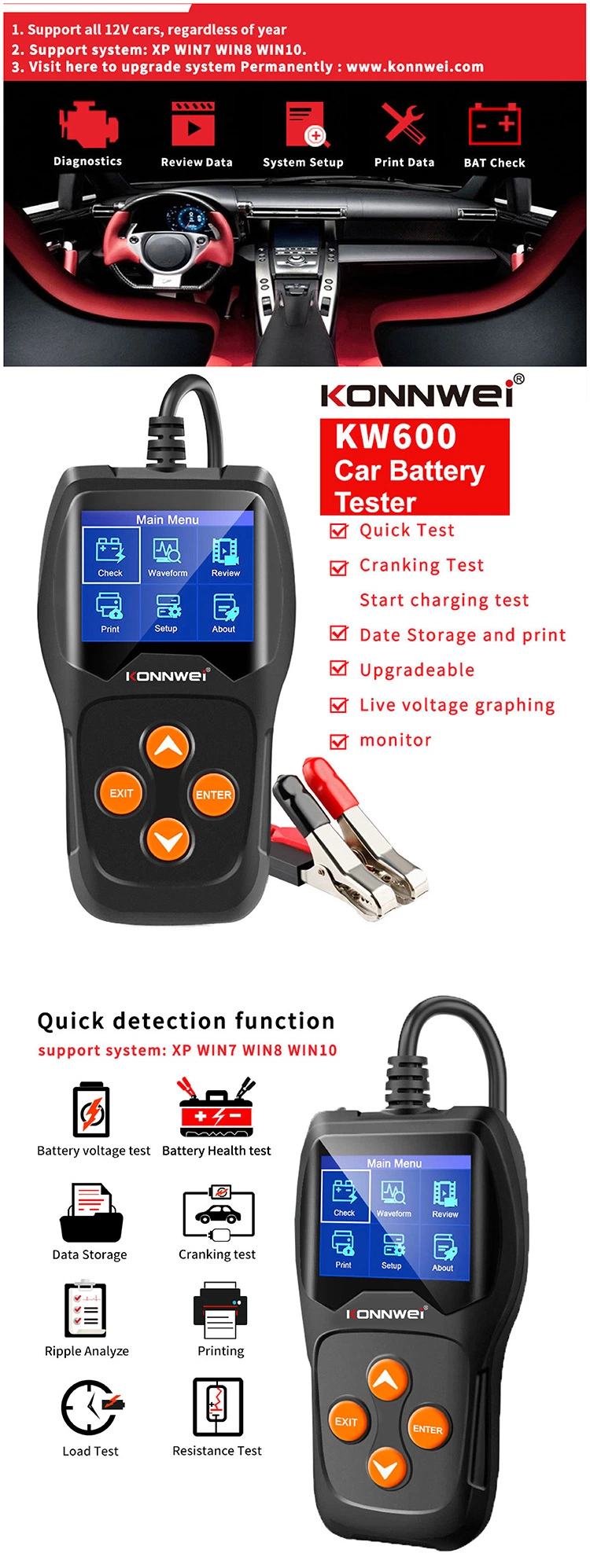 Car Battery Tester Kw600 Battery Diagnostic Tools