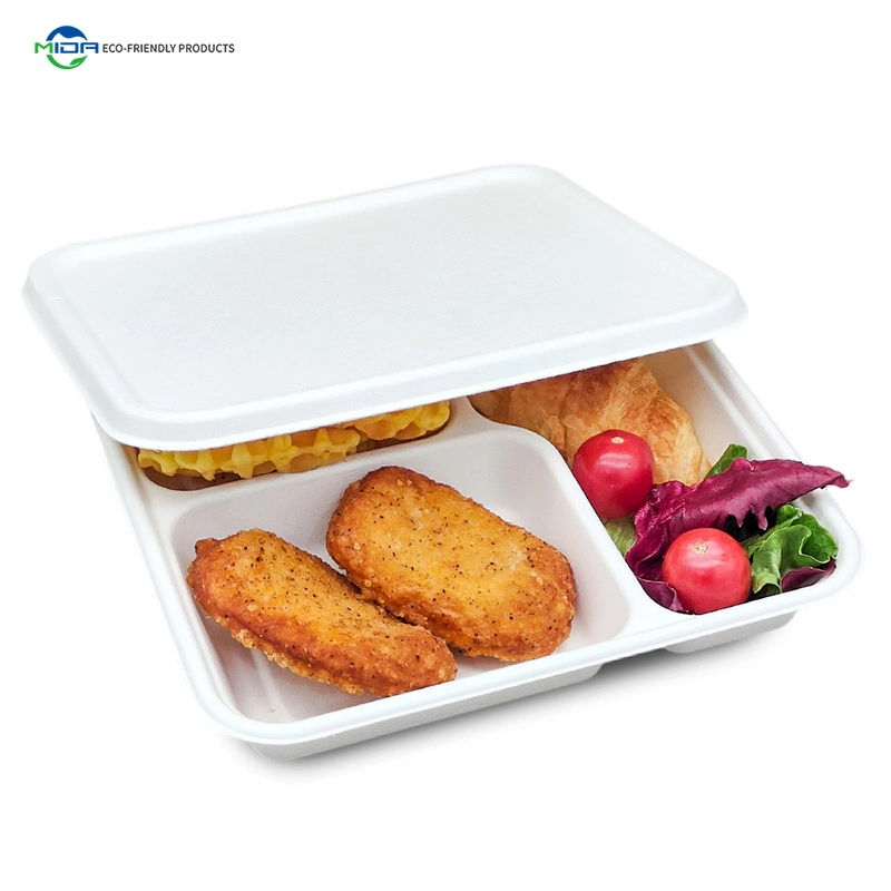 3 Compartment Biodegradable Compostable Tray Sugarcane Bagasse Fast Food Tray