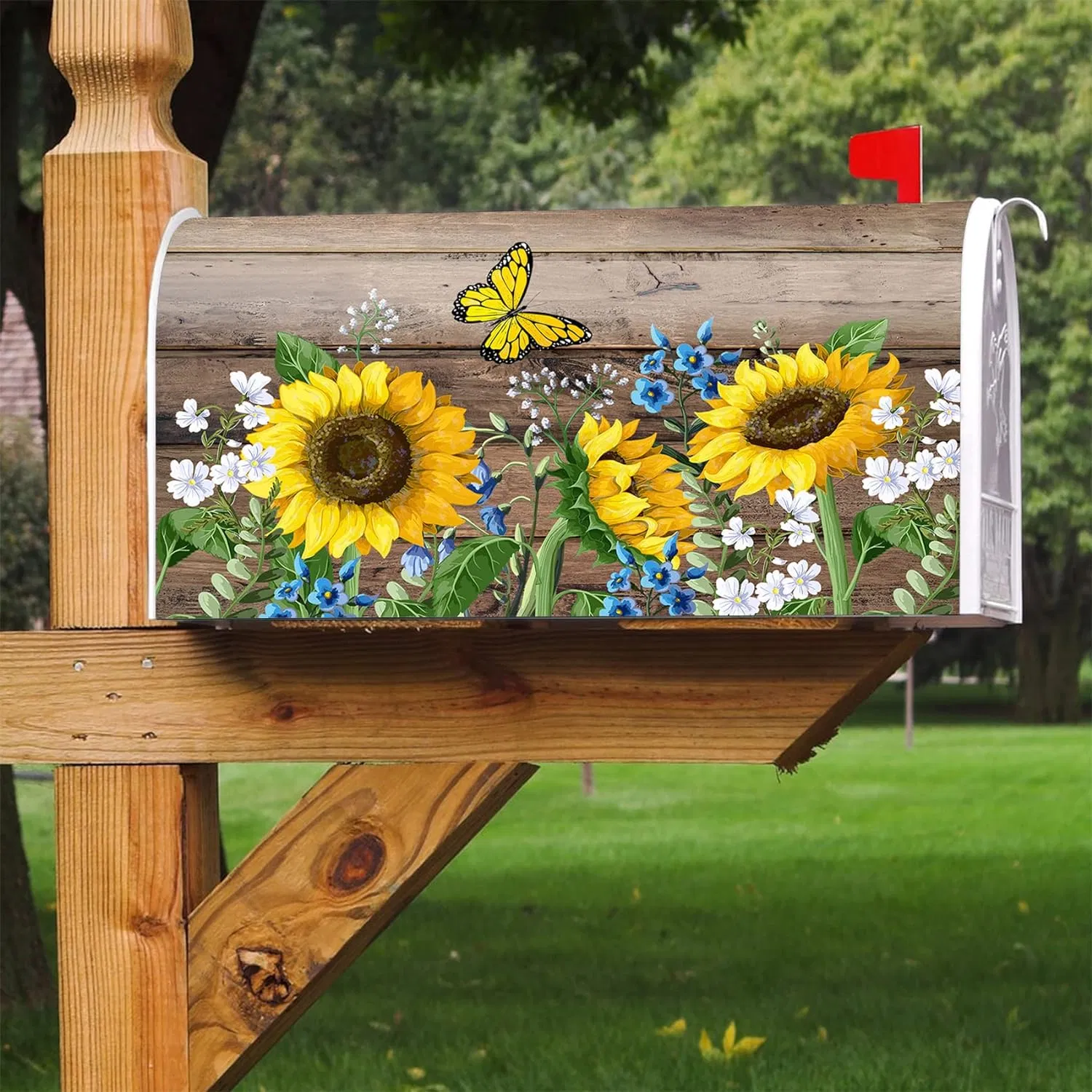 Sunflower Butterfly Wood Board Mailbox Cover with Magnetic Strip Spring Summer Flower Mailbox Wraps Post Letter Box Cover