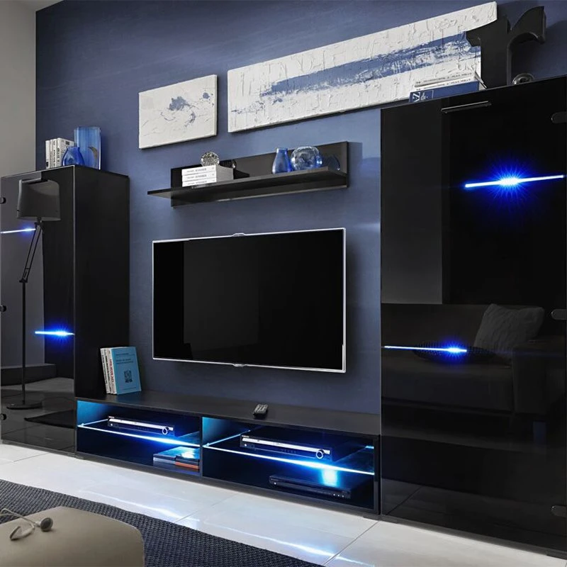 El LED azul UV Simple Soporte de TV de alto brillo LED TV de madera armario armario de pared TV Muebles de salón