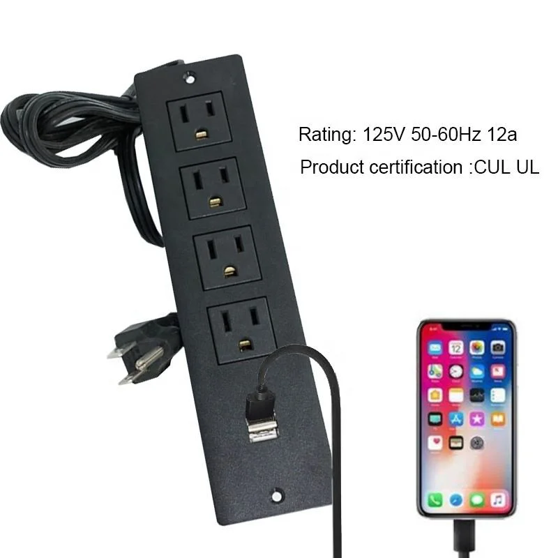 2m Hotel Desk Kitchen Conference Furniture Recessed USA Power Strip Socket 4 AC Outlets with 2 USB Ports