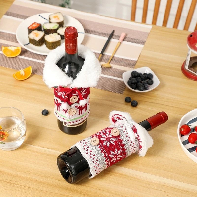 Christmas Decoration Supplies Knitted Plush Buttons Snowflake Wine Bottle Set