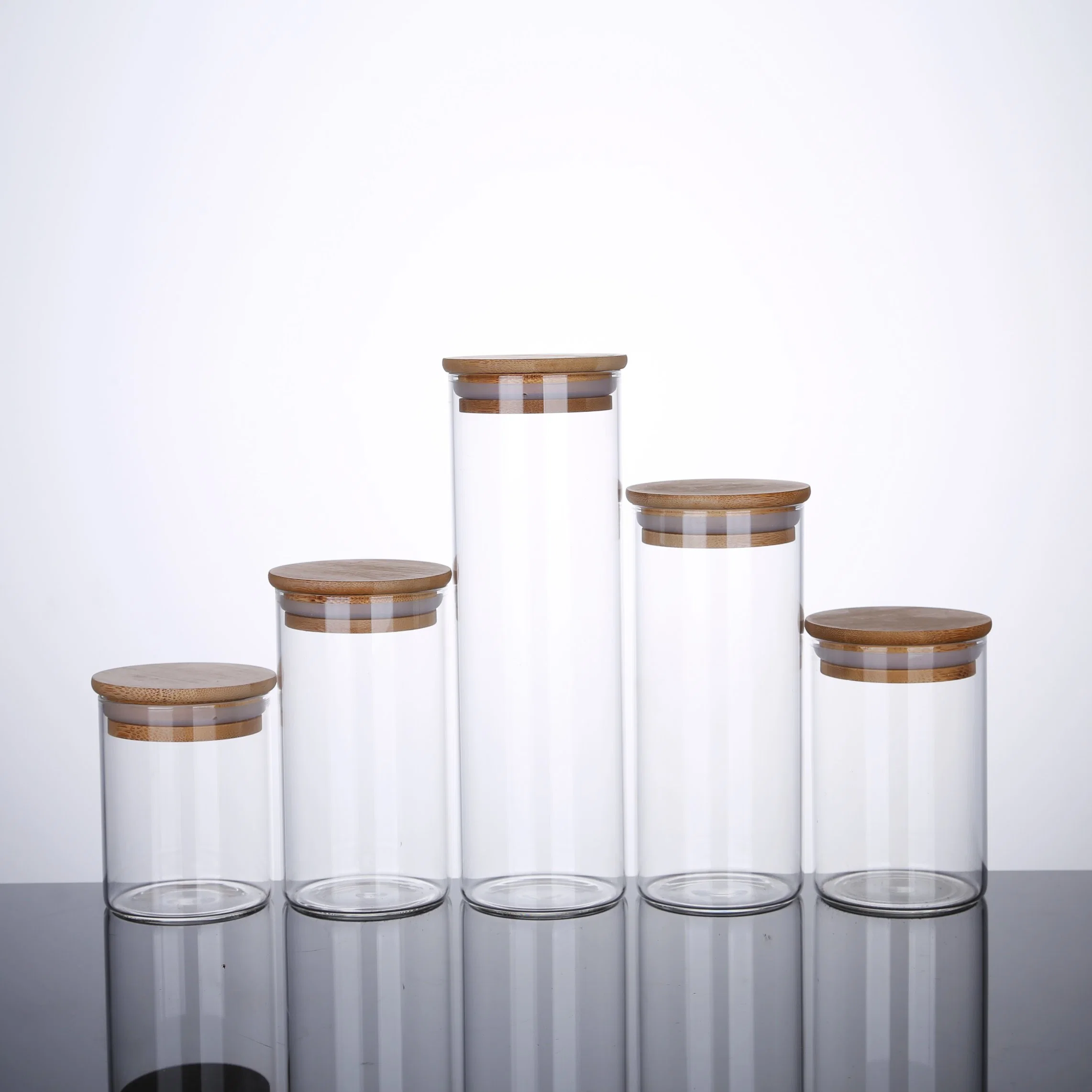 Venda de frascos de recipientes Spice com conjunto de copo de vidro para armazenamento em cozinha borossilicato Com tampa de bambu