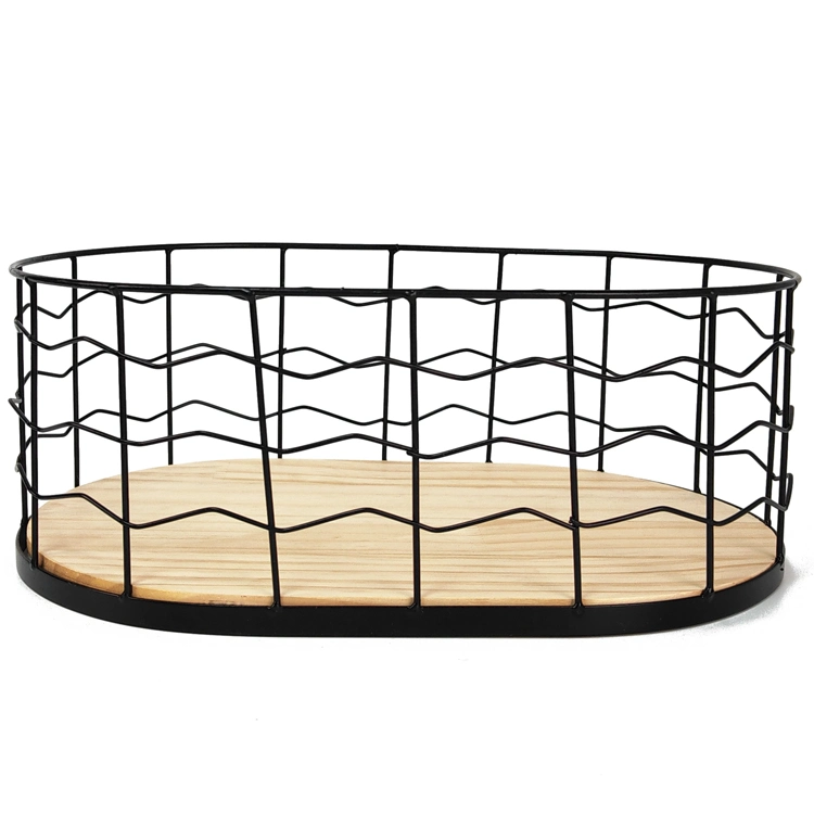 Oval Snack Food Wire Organizer Bamboo Base Kitchen Fruit Storage Metal Basket