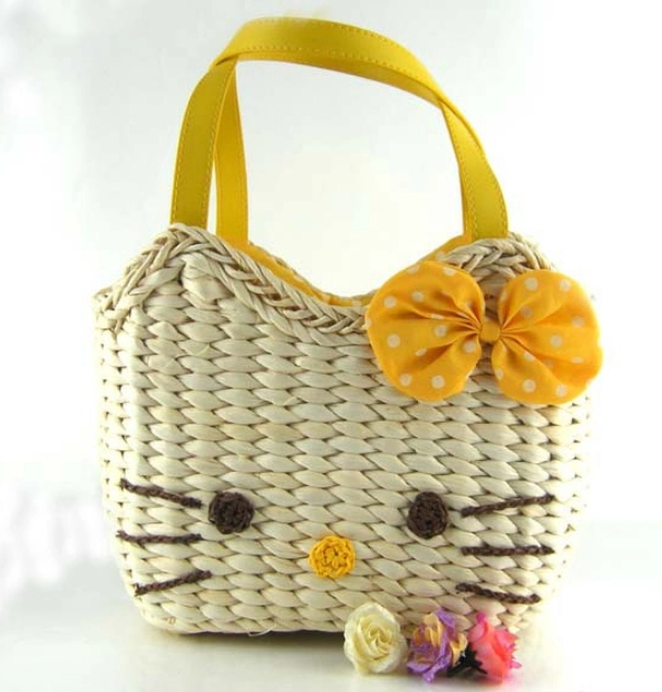 Hello Kitty Summer Beach Purse Bag Handmade Straw Weave