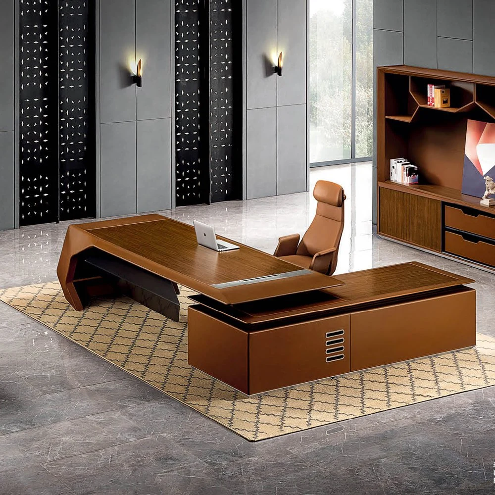 High Quality Luxury Modern L Shape Leather Wooden High End Director Manager CEO Executive Furniture Office Table
