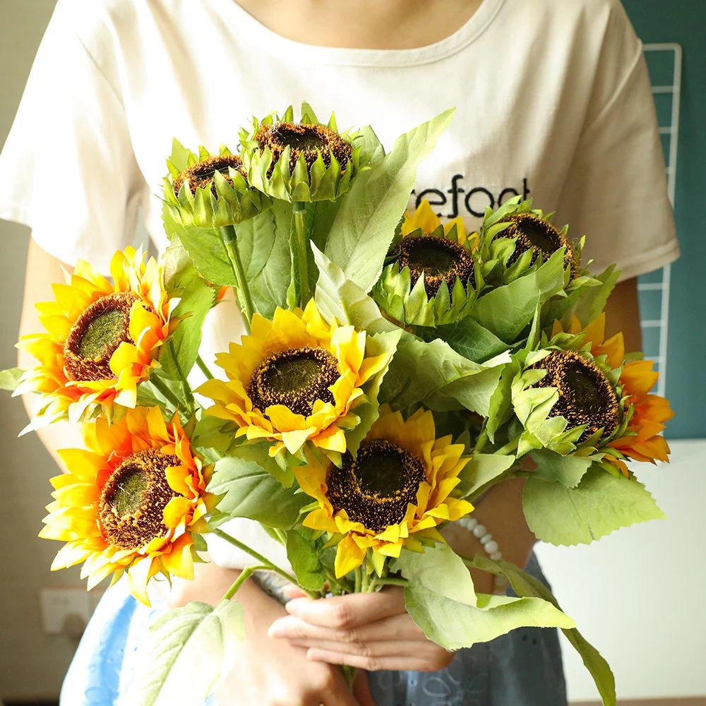 Mariage de l'artisanat 3 Fleurs artificielles de tournesol fabricant de gros de plantes vertes Ins décoration de fleurs de simulation transfrontières