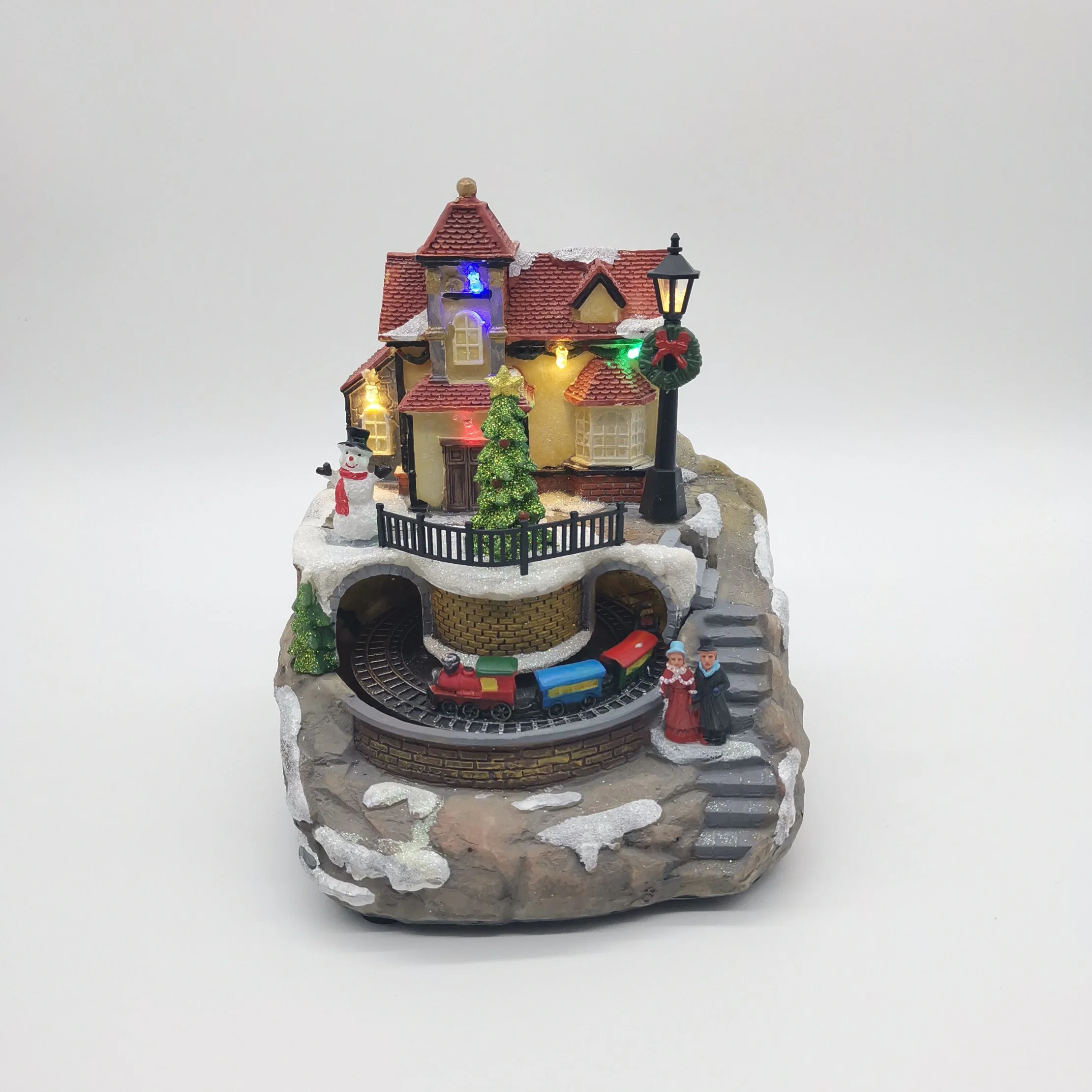 BSCI Factory Resin Christmas House with LED Light Music Home Decoration