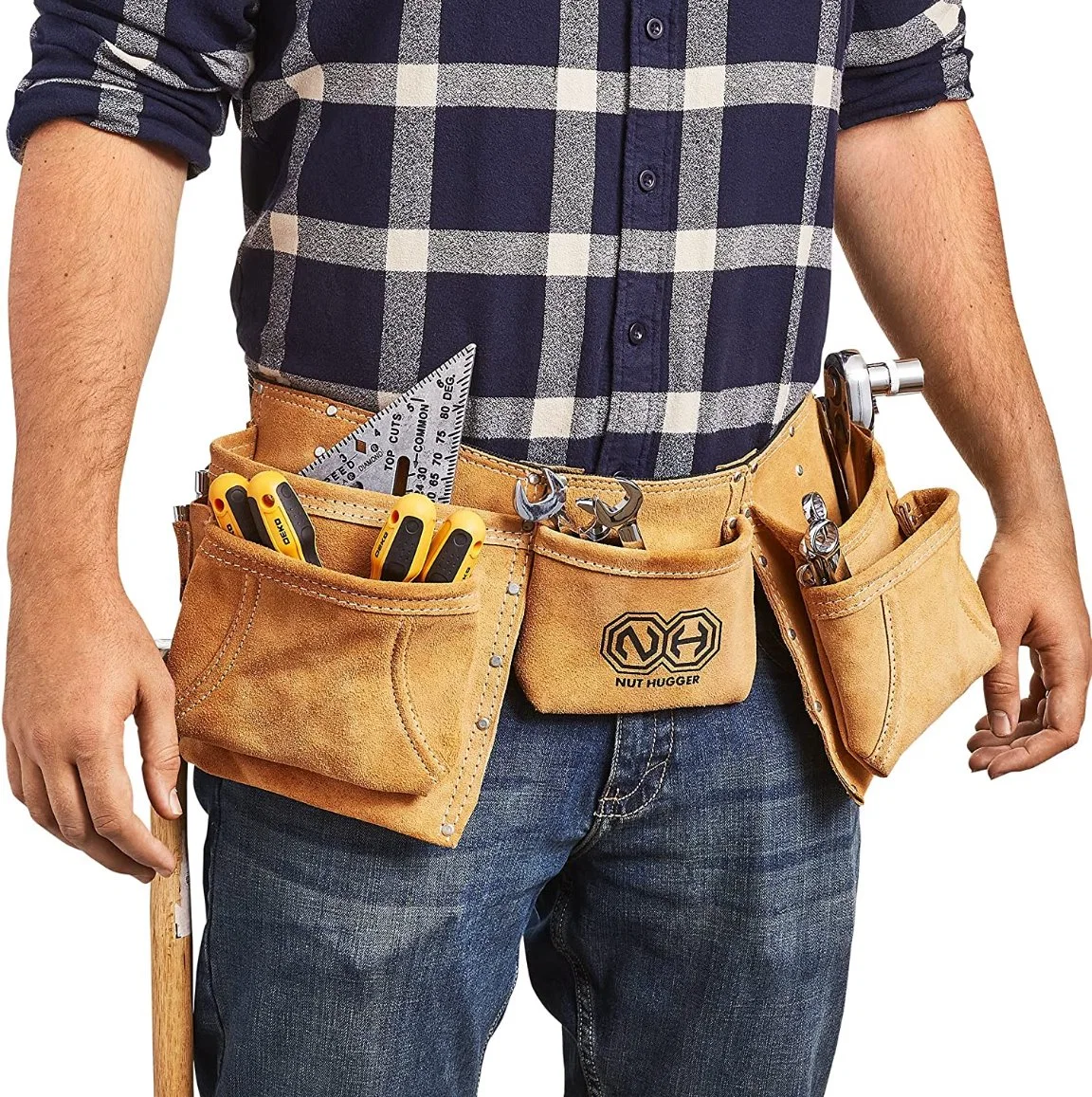 Mens 12 Pocket Suede Leather Tool Belt Work Apron Adjustable Waist Belt