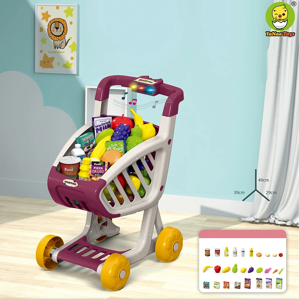 Kids Shopping Cart Trolley Play Set with Pretend Food and Accessories