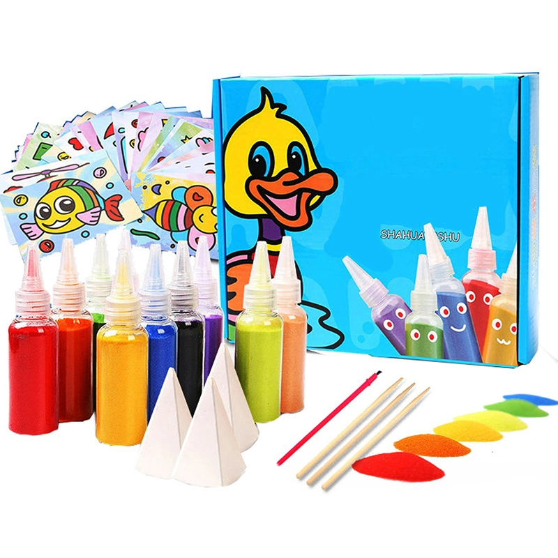 Sandfarbener Sand mit 12 Blatt Malkarten für Sandkunst Pinsel Holz Stift Papier Trichter Set Kinder Kunst Spielzeug Aktivität Satz