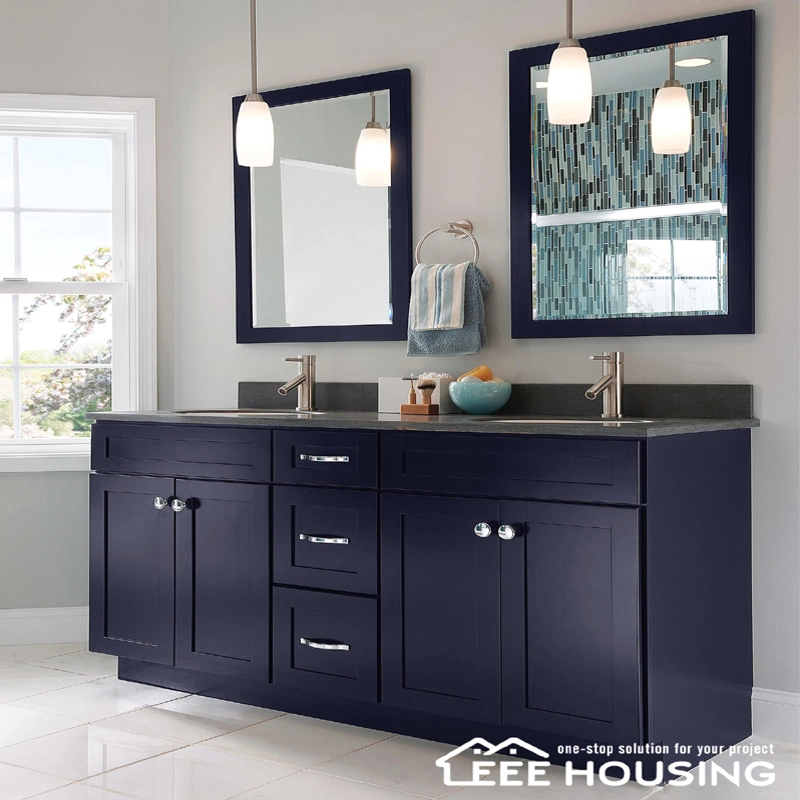 Modern Solid Wood Dark Blue Shaker Style Bathroom Cabinet Vanity Modern Style Classic Antique Floor Mounted Include Quartz Stone Countertops