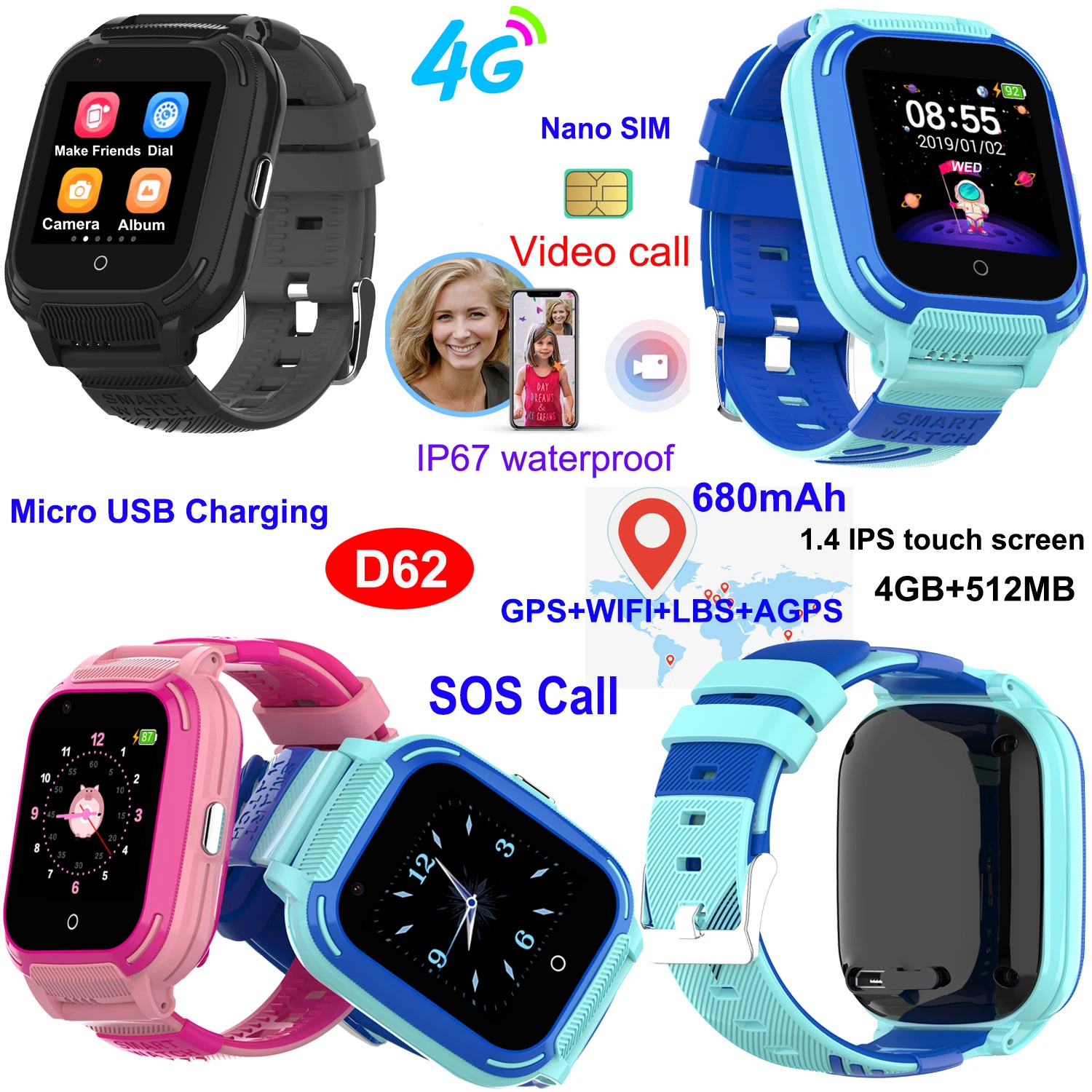 4G LTE IP67 Waterproof SIM Card One-Touch Sos Call Kids Smart Bracelet GPS Tracker Watch with Free Global Voice Call D62