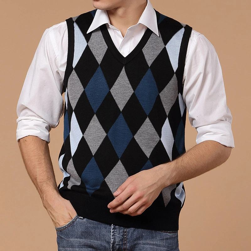 Fashion Brand Argyle Sweater Vest for Mens Pullovers Plaid Slim Fit Jumpers Knitted Vest Contrast Color Grid Casual Men Clothes