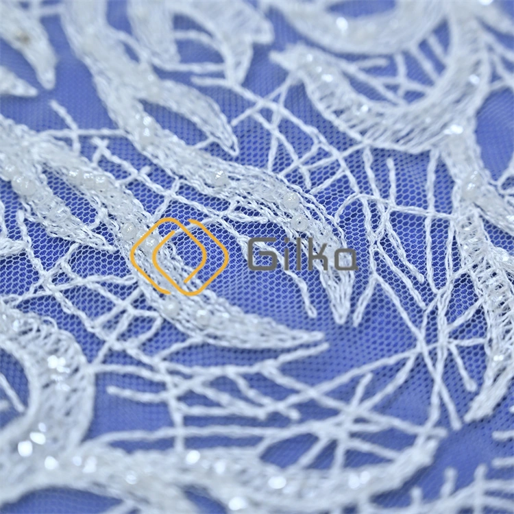 Fashion Style Design Pure White Beaded Embroidery Lace Fabrics for Wedding Dresses