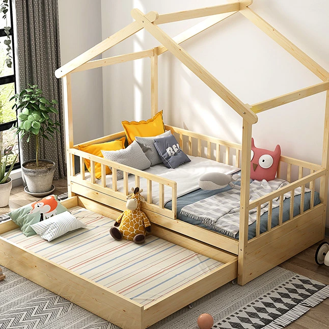 Solid Pine Wood House Shaped Kids Bed Multifunctional Children Home Bed