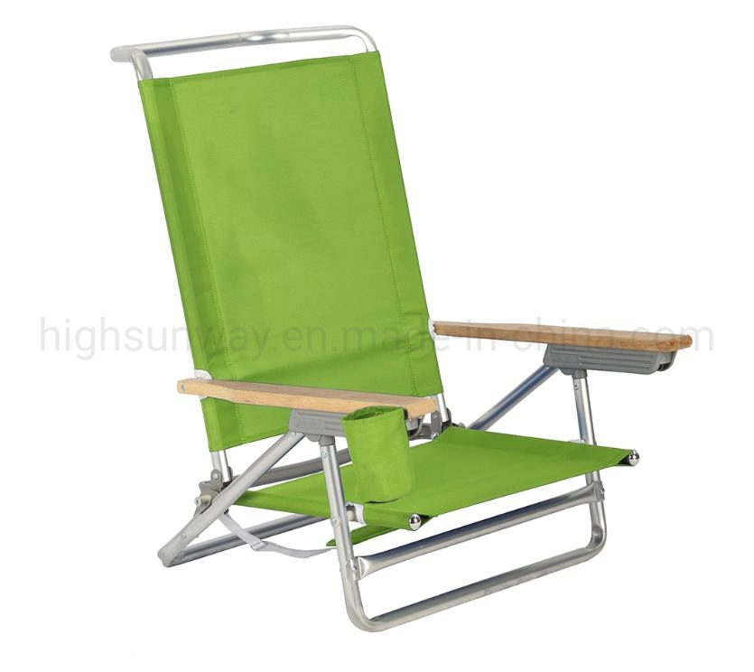 Fashionable Stylish Folding Chair, Aluminum Beach Chair with Wooden Armrest, Camping Chair with Lower Seat and Back Hand Holder