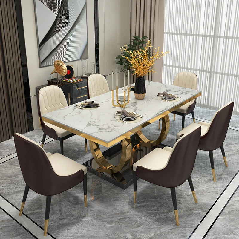 Moderne Möbel rechteckige Esstisch Set mit Metall Material Silber Luxus-Esszimmer Mit Schwarzem Holzdeck Und Bein Aus Edelstahl