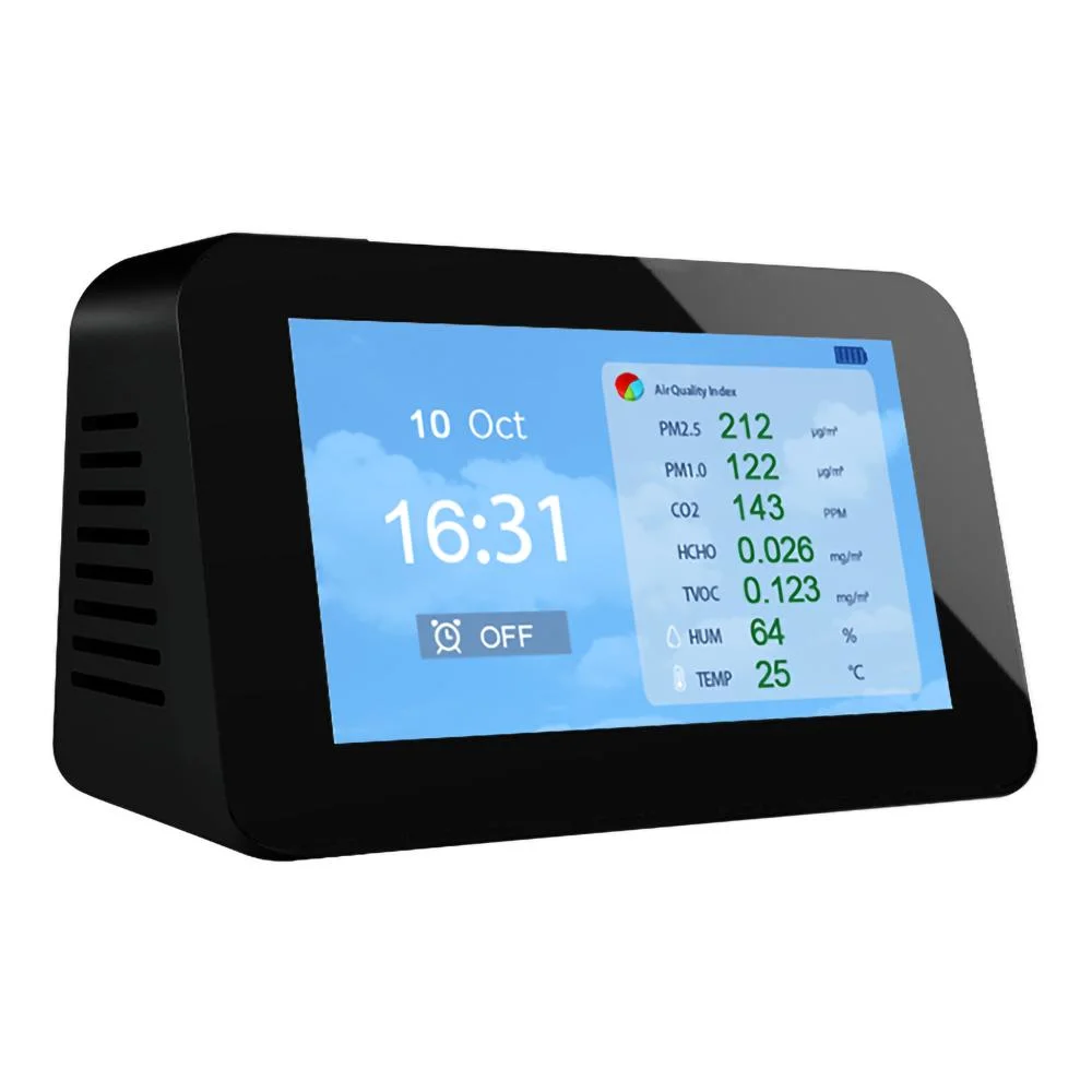 10 in 1 Air Quality Monitor Hcho CO2 Tvoc Pm2.5 Pm1.0 Pm10 Aqi Temp & Humi Detector with Alarm and Rechargeable 3000mAh Battery