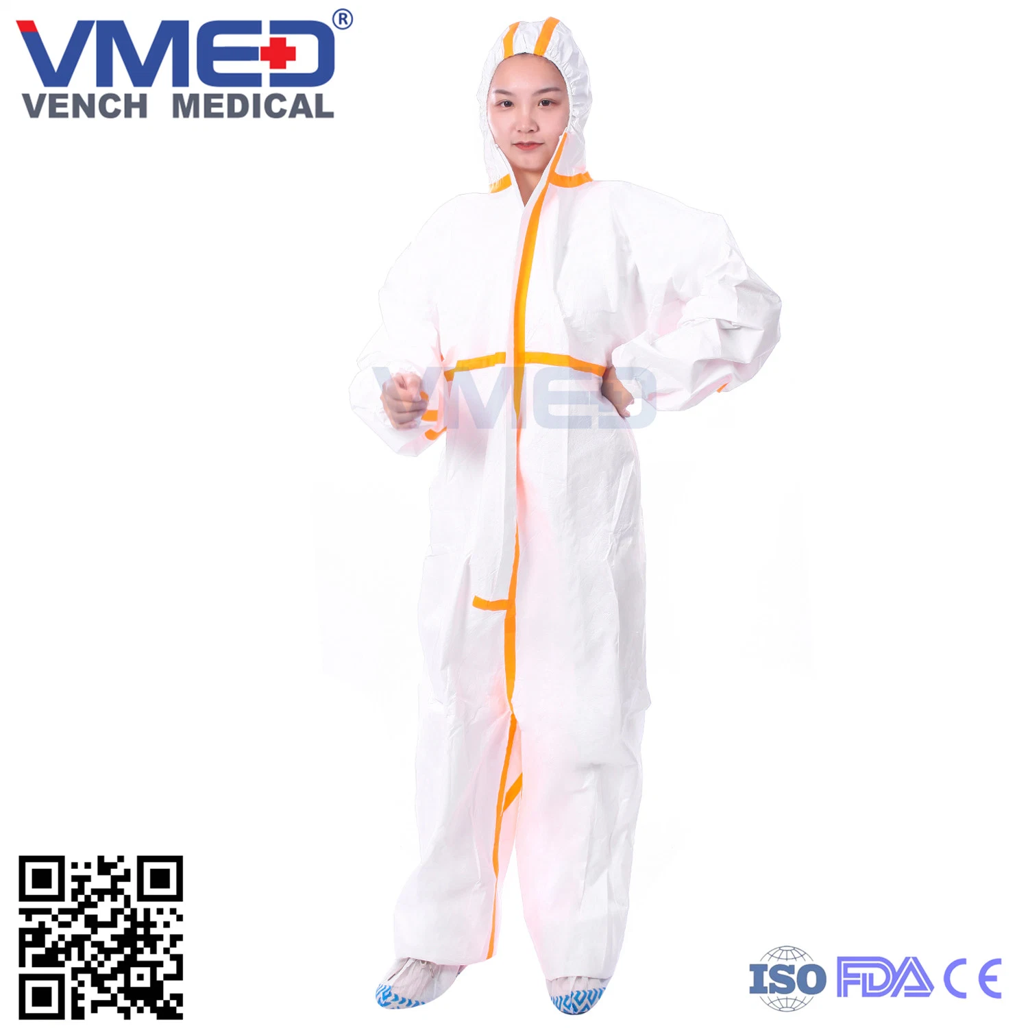 Disposable Type 5/6 White Micro-Porous Coverall with Orange Adhesive Strip