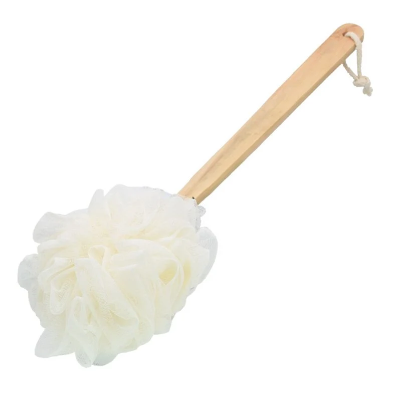 Nuevo diseño Loofah esponja baño bola con mango largo de madera Cepillo para el cuerpo de la ducha antideslizamiento