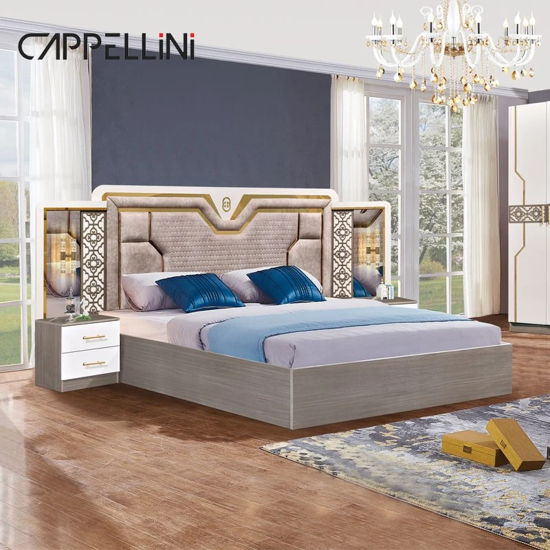 Классический современный дизайн МДФ Королева Размер кожа Двойная кровать роскошь Мебель для спальни с кроватью king-size и деревянной мебелью