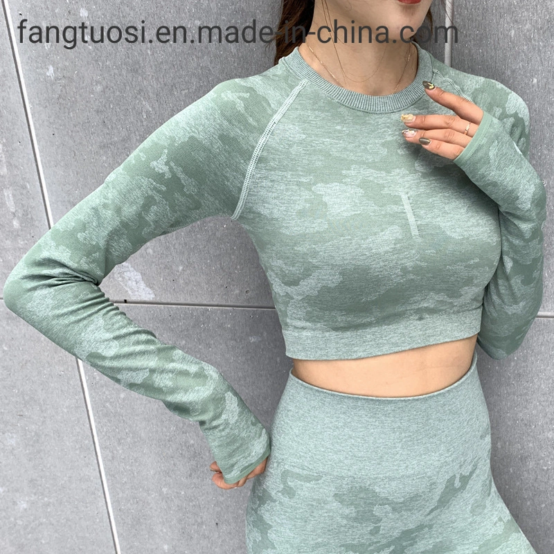 Custom Design Sexy Camouflage Tight Fitness Tops Activewear Long Sleeves Yoga Crop Top Athletic Apparel for Gym Women