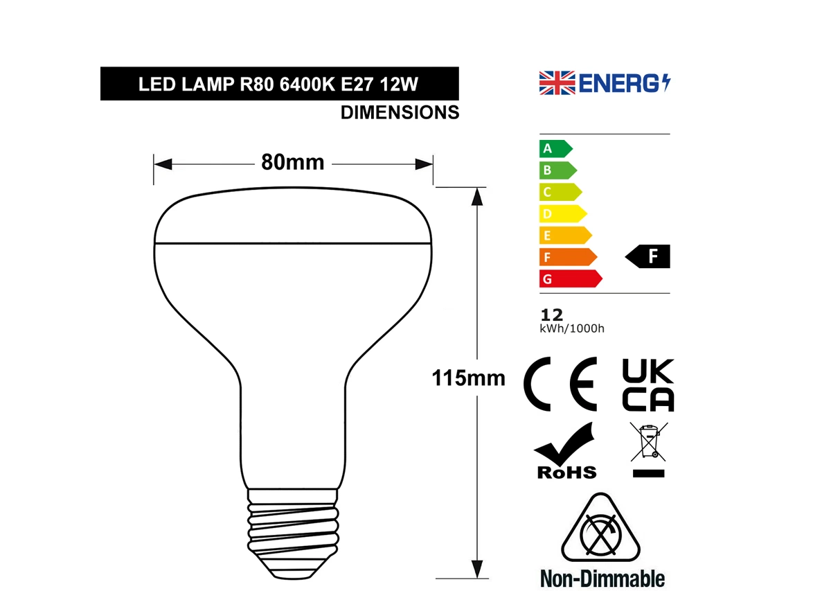 12W LED R80 Lampe réflecteur E27 6400K Blanc froid Projecteur 120 Watt Équivalent à une ampoule incandescente Non-dimmable La lumière est utilisée dans la salle de bain.