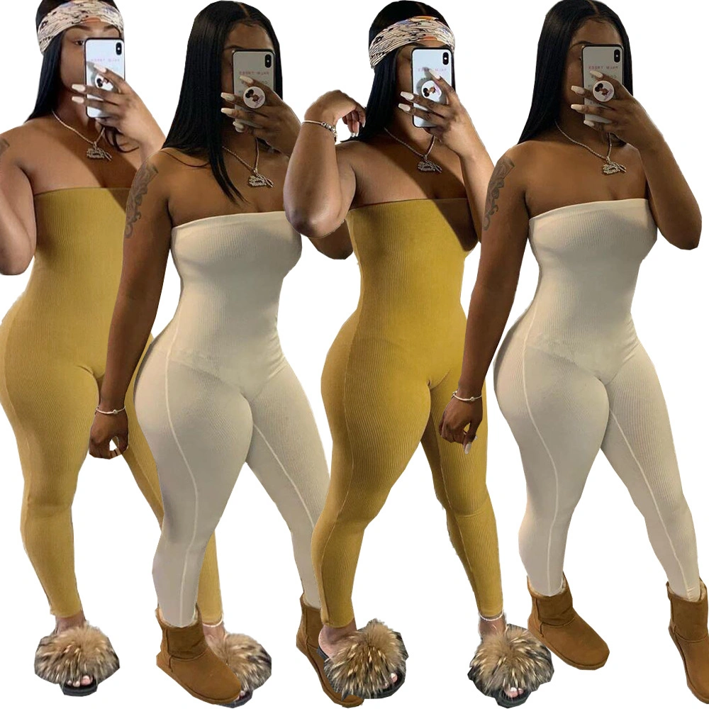 Factory Wholesale Summer Women Knitting Butt Lifter Strapless Romper Solid Tube Top Jumpsuits