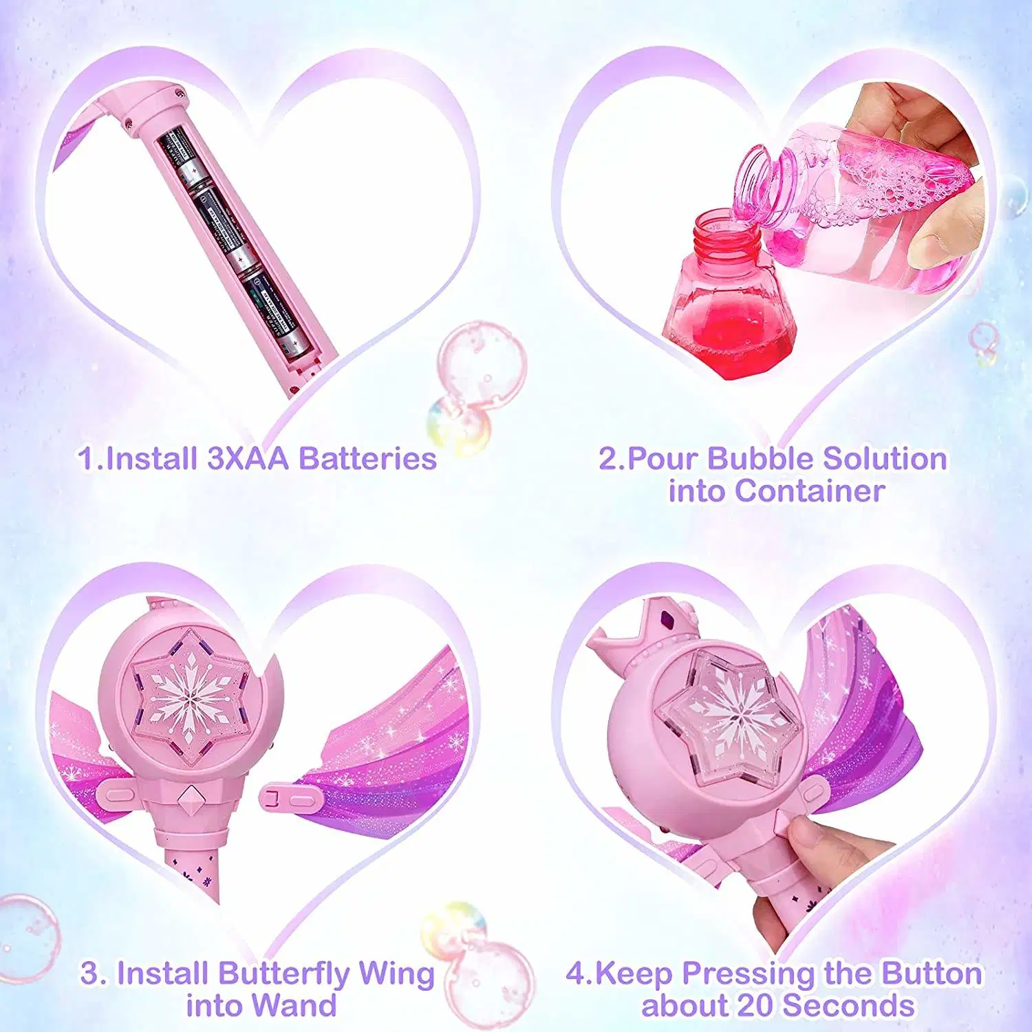 Princess Magic Bubble Wand Machine Soap Bubble Stick Toys for Girls with Wings Outdoor Indoor Bubble Launcher Toys