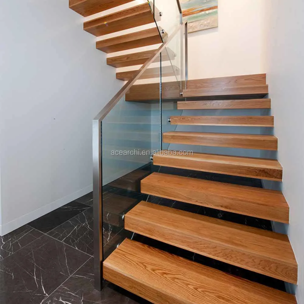 Customize Factory Steel Stringer Timber Steps Glass Railing Floating Staircase