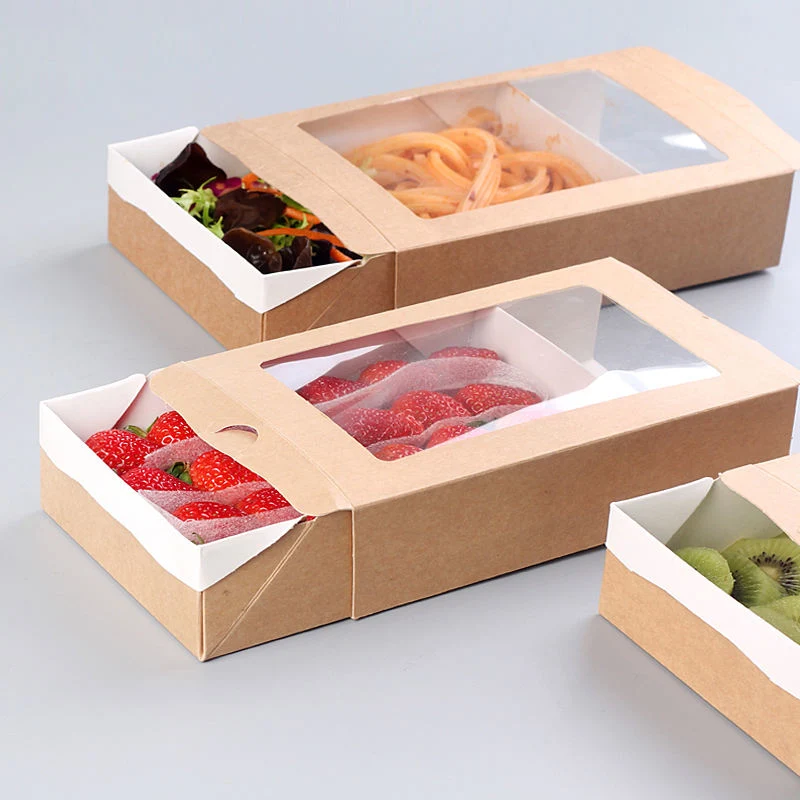 Disposable Kraft Paper Food Salad Container Box Packaging with Drawer Window Divider