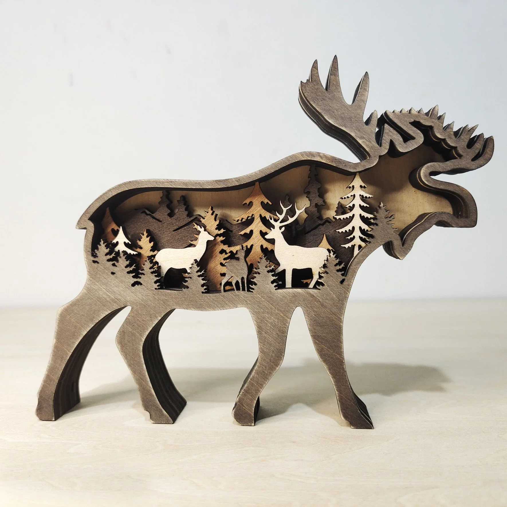 Creative Multi Layer 3D Wood Carving Forest Animal Elk Wood Crafts for Home Furnishing Wall Decorations