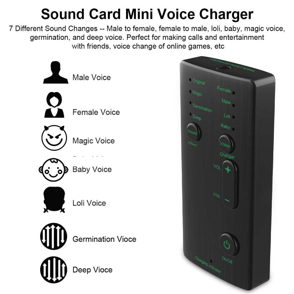 American Sound Change Sound Card Mini USB recargable Voice Changer 8 cambios de sonido diferentes Grabadora de voz