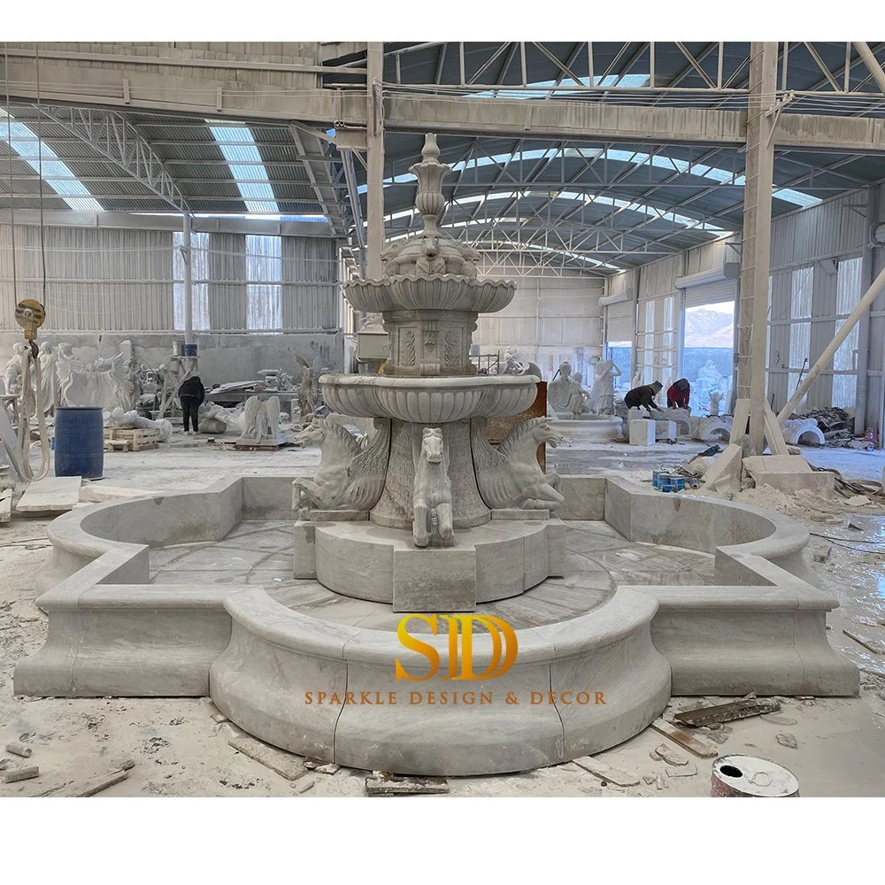 China Factory Price Large Size White Marble Fountain Design Stone Water Fountain with Horse Statues