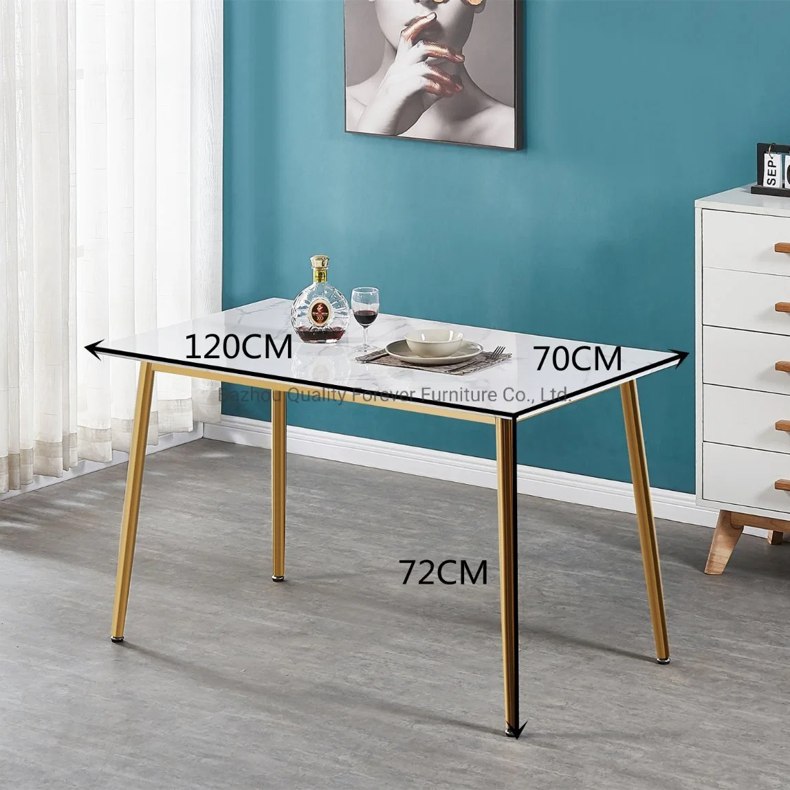 Modern MDF with Marble Paper Gold Steel White Dining Table