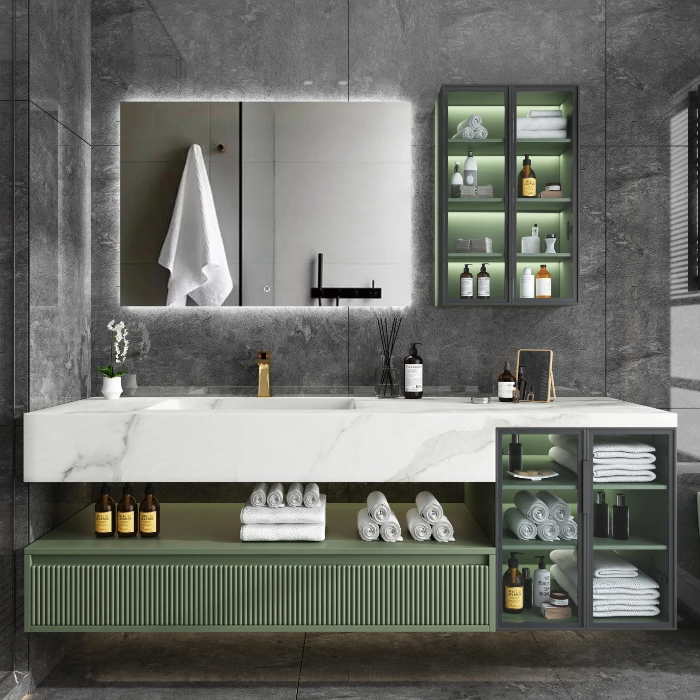 Meubles de salle de bains de luxe Cabinet nouvelle conception avec la peinture de contreplaqué étanche armoires de salle de bains avec LED miroir de courtoisie avec Rock du Cabinet du bassin de la plaque
